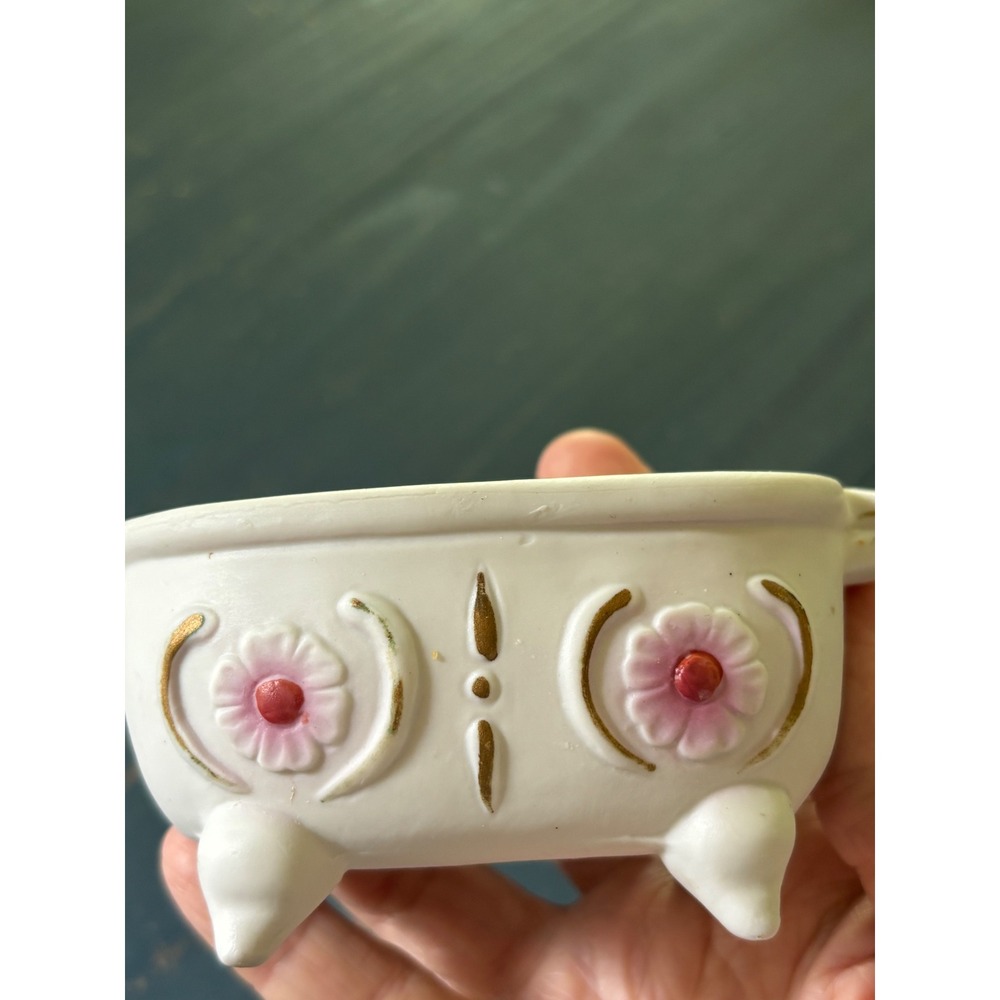 Vintage Ceramic Miniature Clawfoot Bathtub Planter Pink Floral Gold Trim 4.5in - Picture 5 of 7